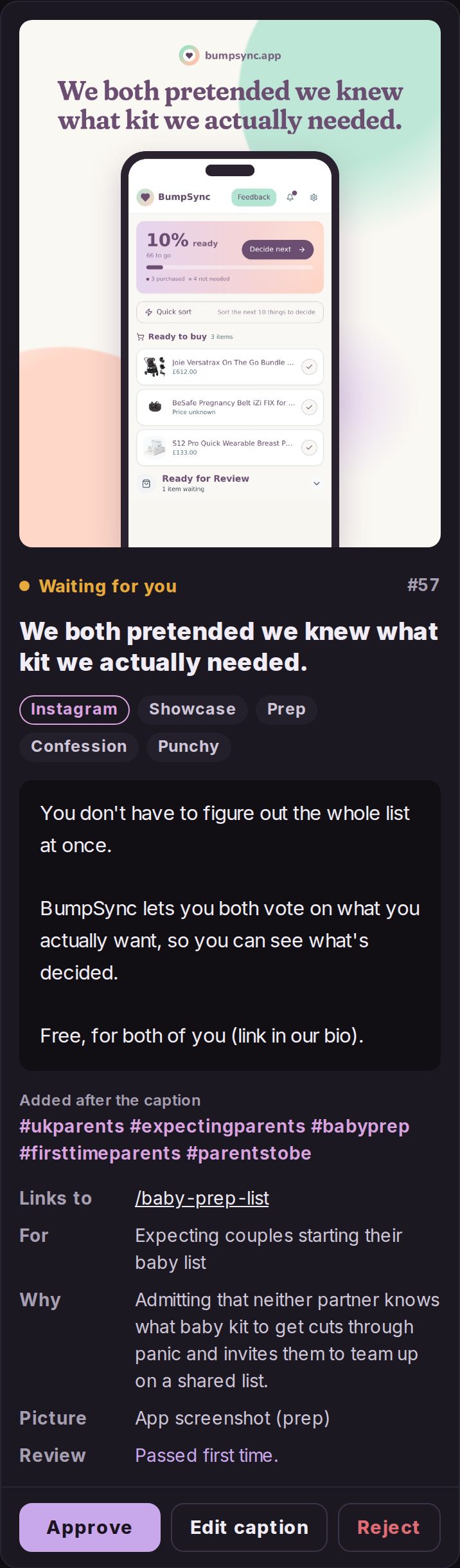 A drafted Instagram post waiting for review in MavroPost, with its caption, hashtags, why Mavro wrote it, and Approve, Edit and Reject buttons